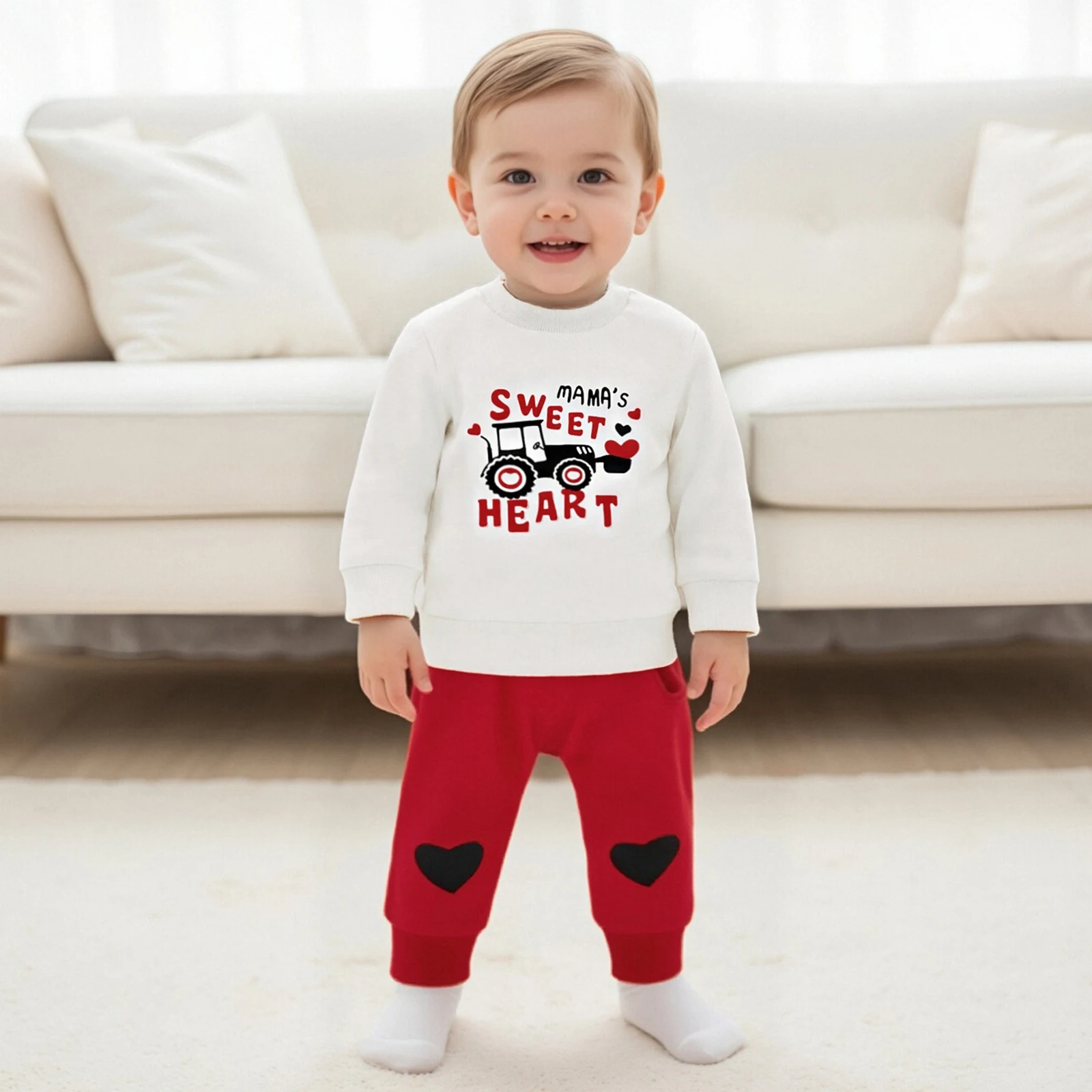 Toddler Baby Boy My First Valentines Day Outfit Tractor Letter Long Sleeve Sweatshirt Heart Pants 2 Piece Boys Clothes Set