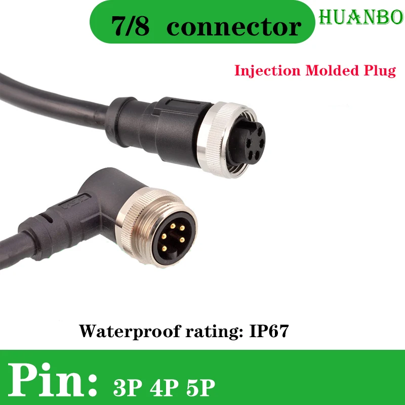 

European standard M7/8 molded straight head elbow plug, 3-pin, 4-pin, 5-pin, IP67 waterproof connector wire harness, 1m 2m 3m 5m