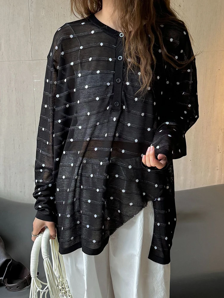 [EAM] Apricot Dot Perspective Knitting Sweater Round Neck Long Sleeve Women Pullovers New Fashion Spring Summer 2024 1DH6126