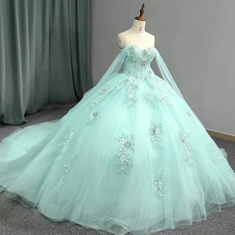 

Mexico Light Green Off The Shoulder Ball Gown Quinceanera Dress For Girl Beaded Applique Birthday Party Gowns Prom Dresses Sweet