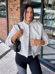 Hh traf feminino recortado jaqueta bomber feminino outono casual botão para baixo casaco com bolsos moda feminina manga longa outerwear
