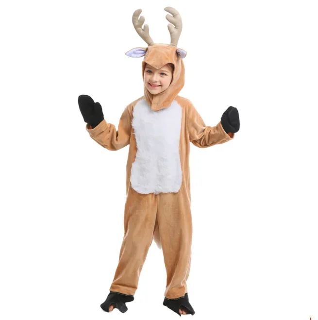 Cute Children's Reindeer Pajamas Christmas Elk Animal Cosplay Costume Winter Crystal Fleece Christmas Party Clothing