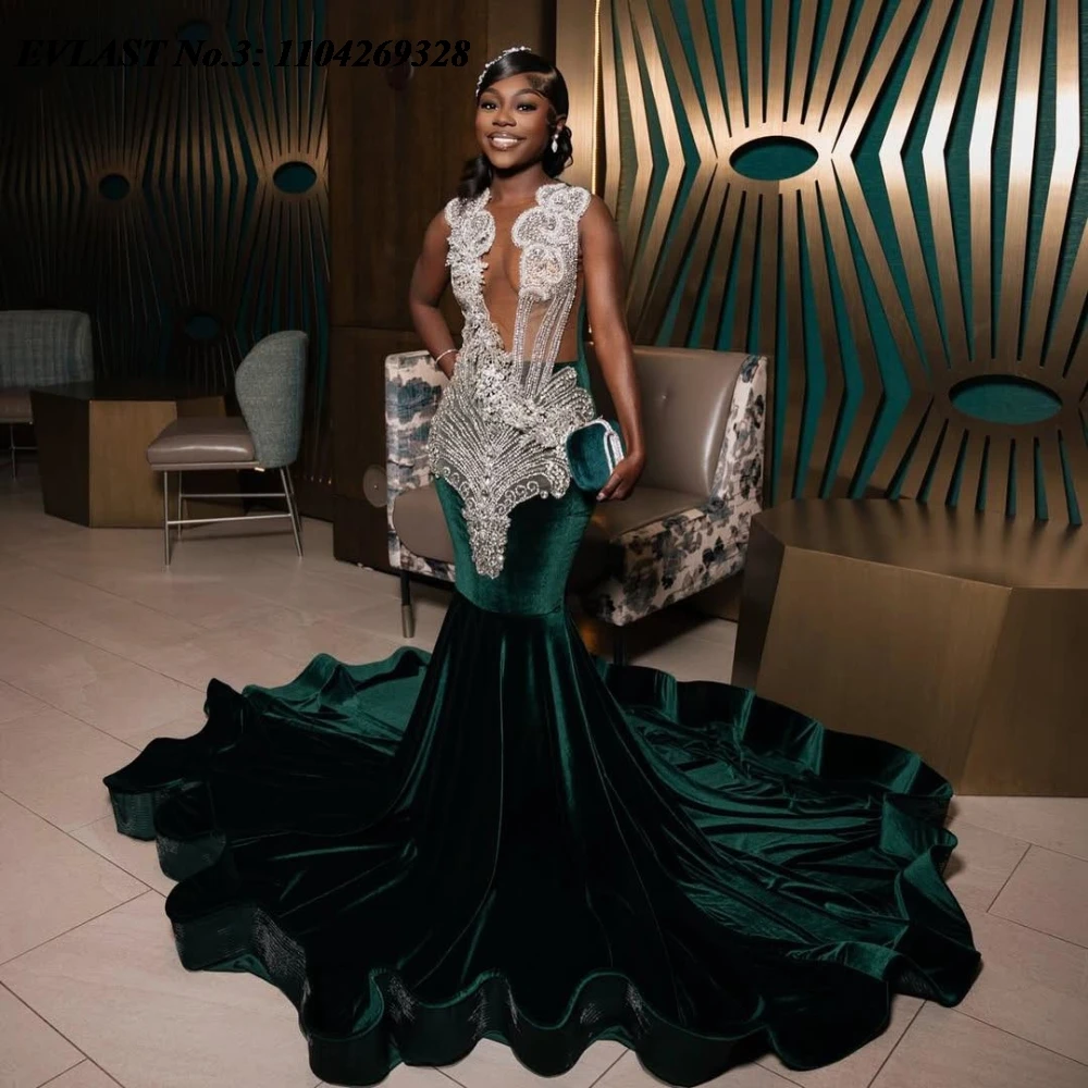 

EVLAST Customized Luxury Green Mermaid Prom Dress Crystal Beaded Velvet Black Girls Birthday Party Gown Robe De Soirée E3P561