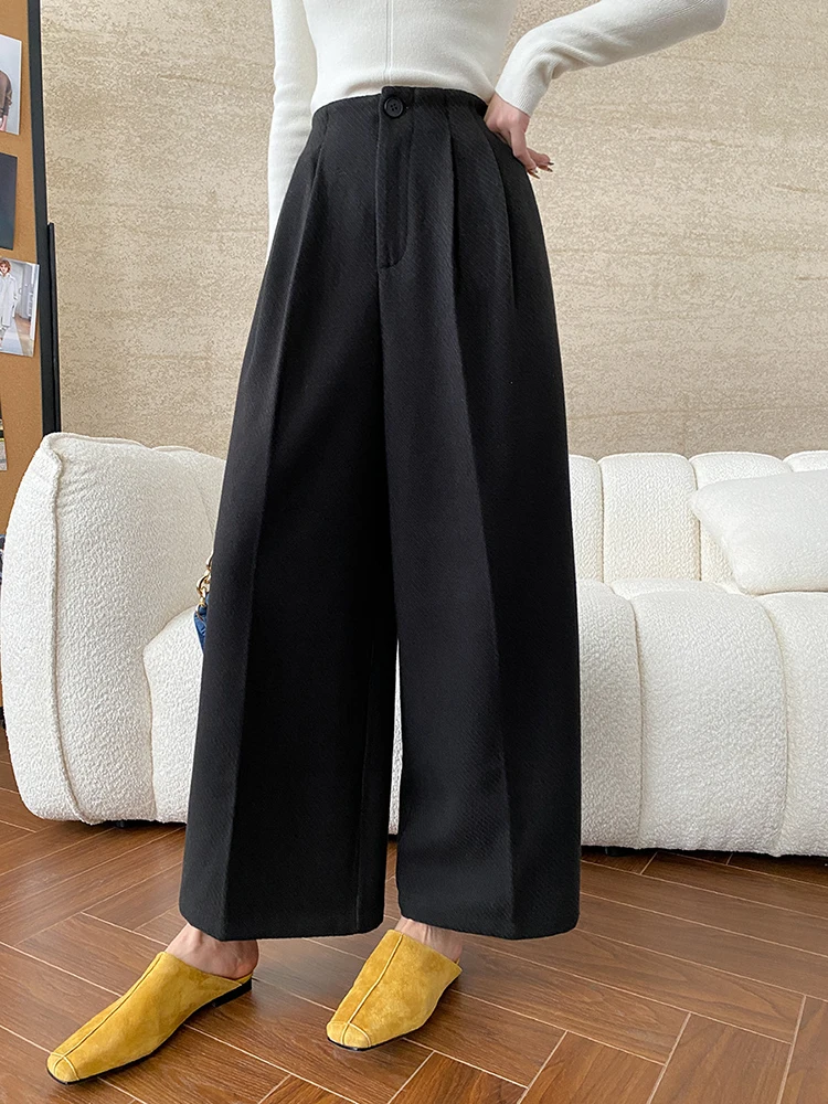 [EAM] High Waist Coffee Pleated Long Thick Wide Leg Woolen Pants New Trousers Women Fashion Tide Autumn Winter 2024 1DH7872