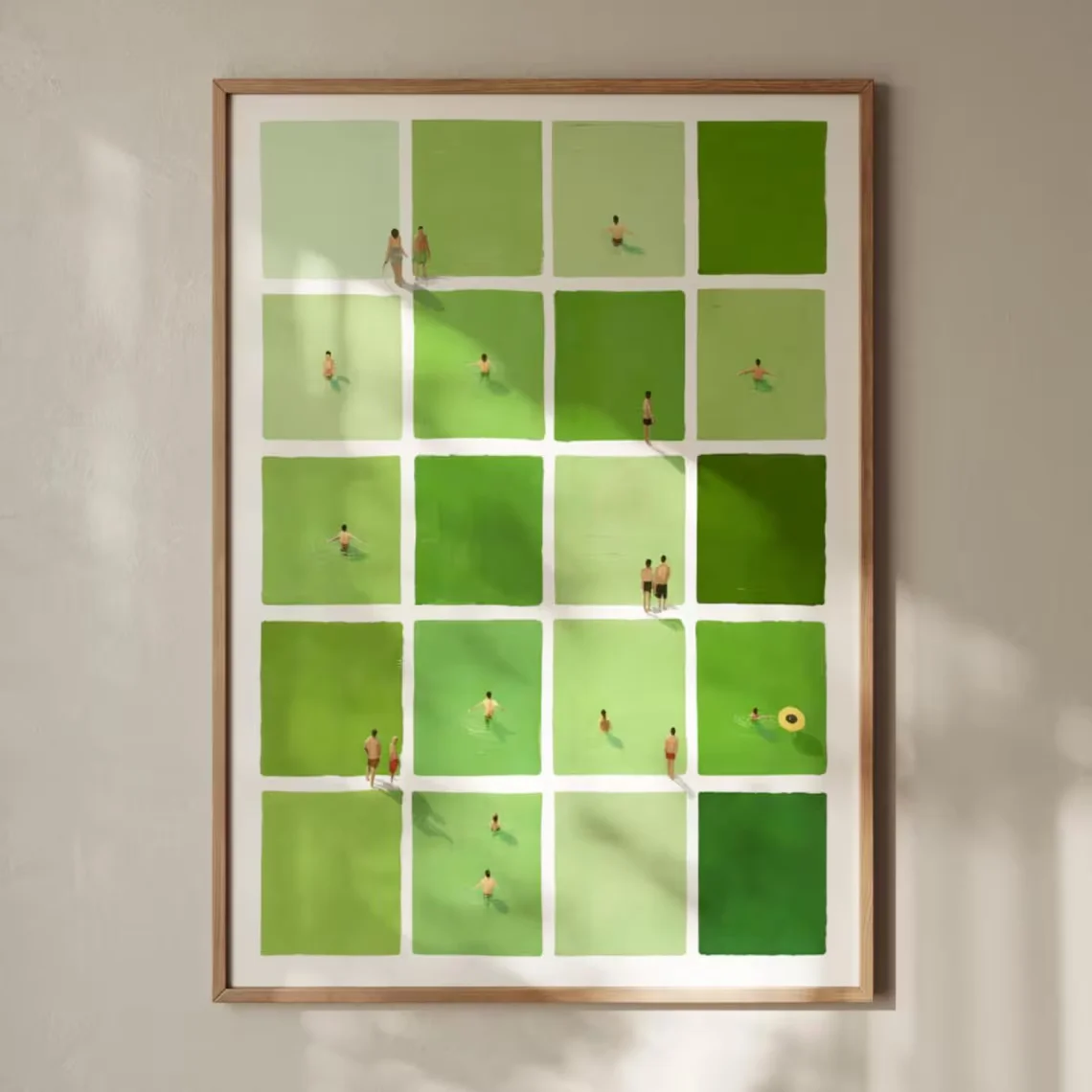 Decorazione da parete minimalista con stampa di nuotatori sulle acque verdi - Arte con scena serena in piscina per l'accento del soggiorno, decorazione da parete del bagno o per l'estate