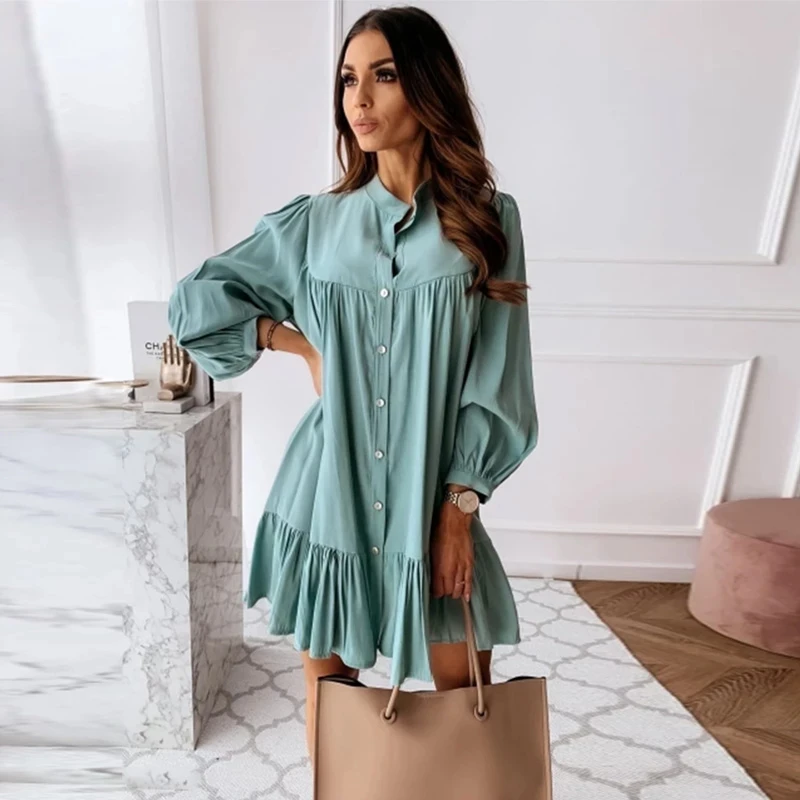 

Women Vintage Ruffled Front Button A-line Dress Long Sleeve Stand Collar Solid Elegant Casual Mini Dress 2024 Autumn New Dress