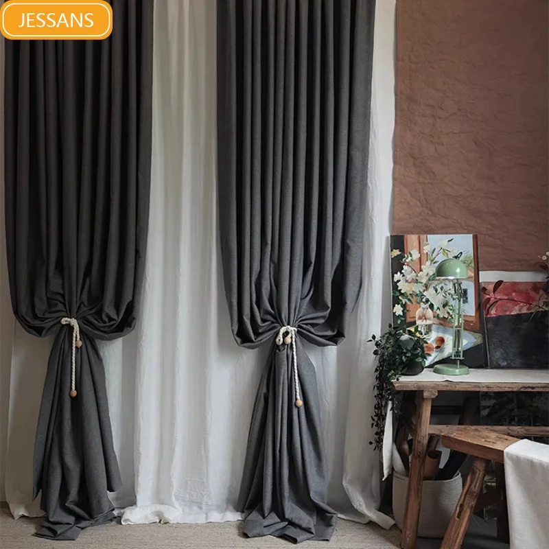 Double Sided Thickened Cotton Linen Dark Gray Blackout Curtains for Living Room Bedroom Partition Curtains Customized Finished