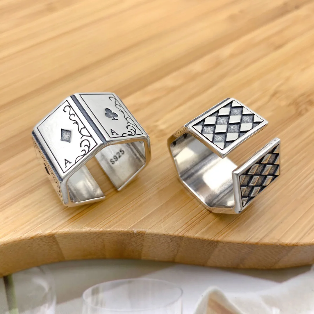 

Trendy S925 Sterling Silver Gift Personalized Men's Creative Geometric Checkered Poker Spades A Thai Silver Ring Trendy