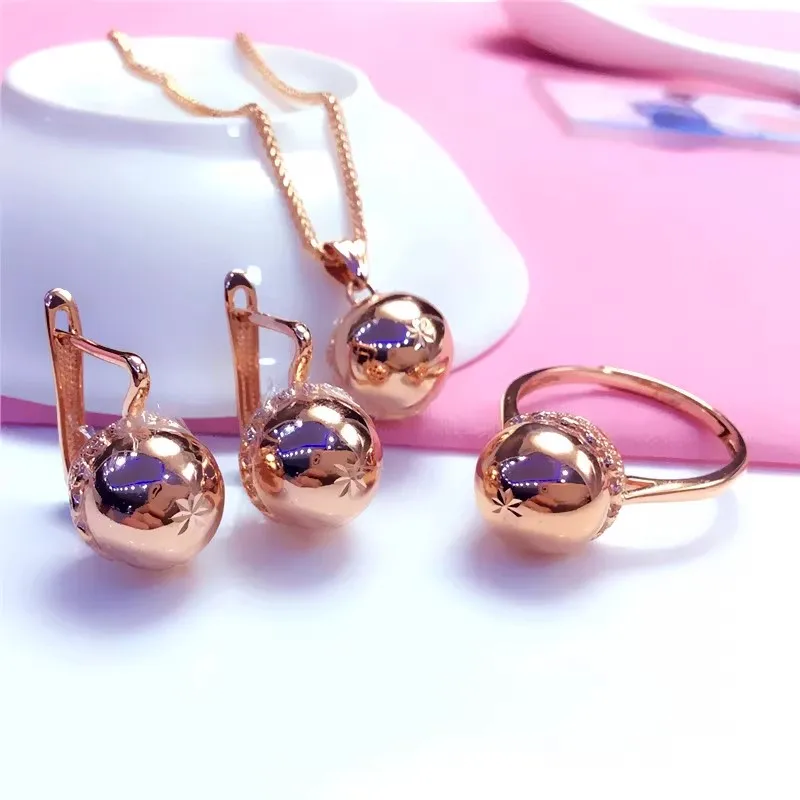 

585 Purple Gold glossy Surface Round Bead jewelry sets Exquisite Light Luxury Plating 14k Rose Gold earrings for women necklace