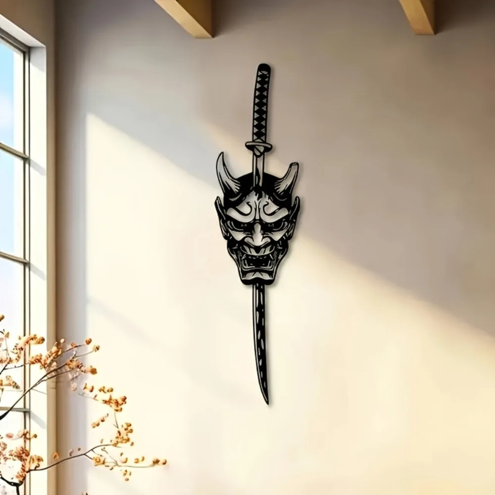 1 Stück 2D Flache Metall-Samurai-Schwert- und Dämonenmasken-Wanddekoration für Zuhause, Schlafzimmer und Garten
