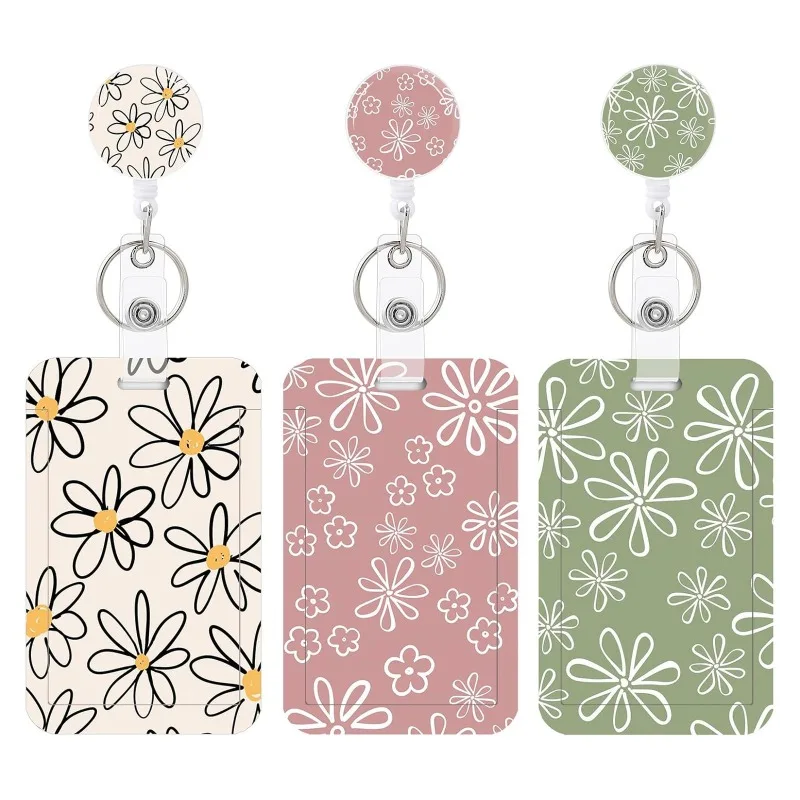 

Cute Aesthetic Worker ID Card Holder with Retractable Badge Reel Women Print Floral Name Tage Card Cover Case for Nurse Teacher