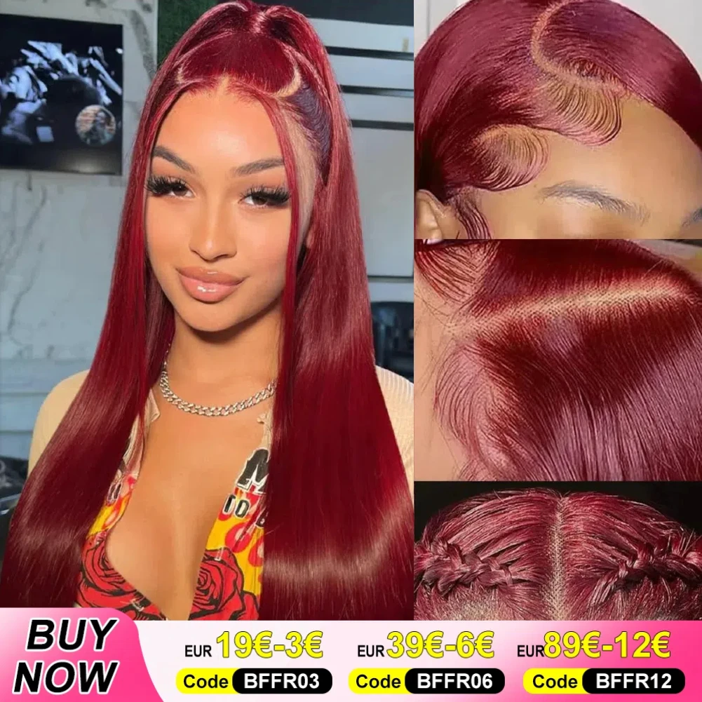 99J Burgundy Human Hair Wig Wine Red Color Straight Body Wave Wig 13x4 Pre Plucked Lace Front Wig with Baby Hair 180% Density 3 Days Delivery France