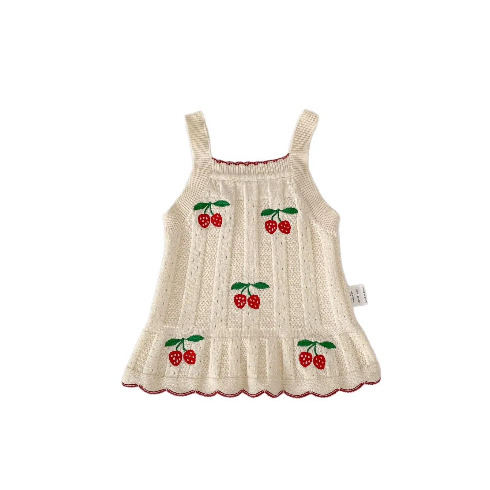 2026 Spring New Baby Girl Sleeveless Knitted Sling Cotton Infant Girls Sweet Strawberry Embroidery Strap Tops Toddler Sweater