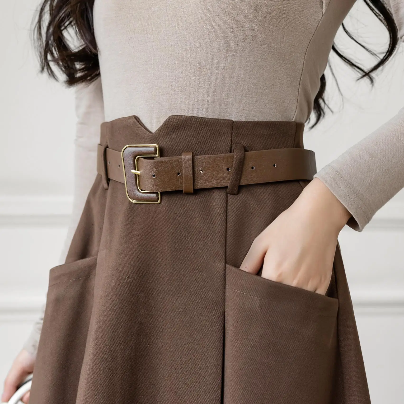 Faldas elegantes de lana acampanadas para mujer, falda larga de cintura alta que combina con todo, estilo coreano, Color sólido, otoño