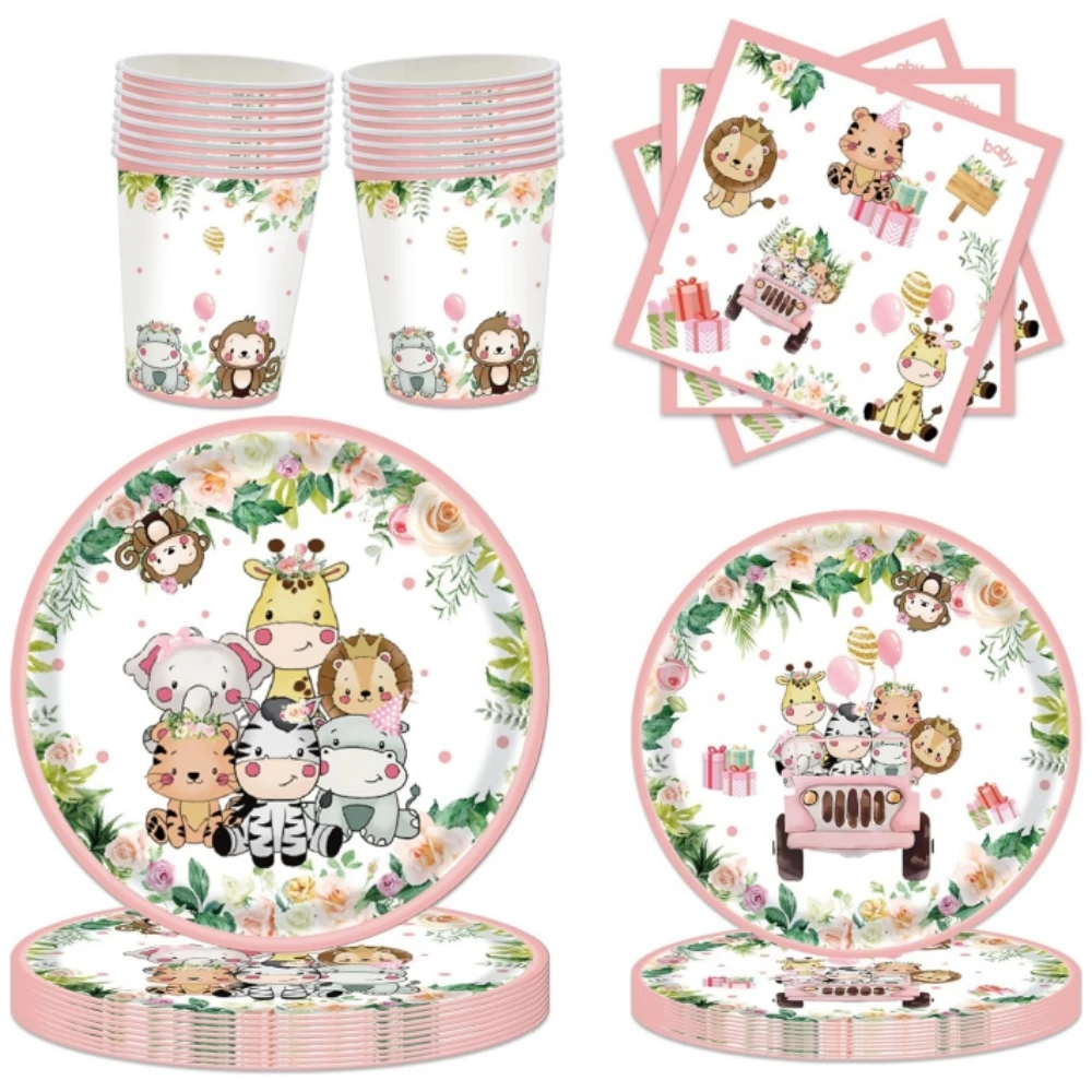 Dschungel Safari Party Dekorationen rosa Tier druck Geschirr Set Pappbecher Teller Servietten Baby party Kinder Geburtstags feier Lieferungen – Detail 5