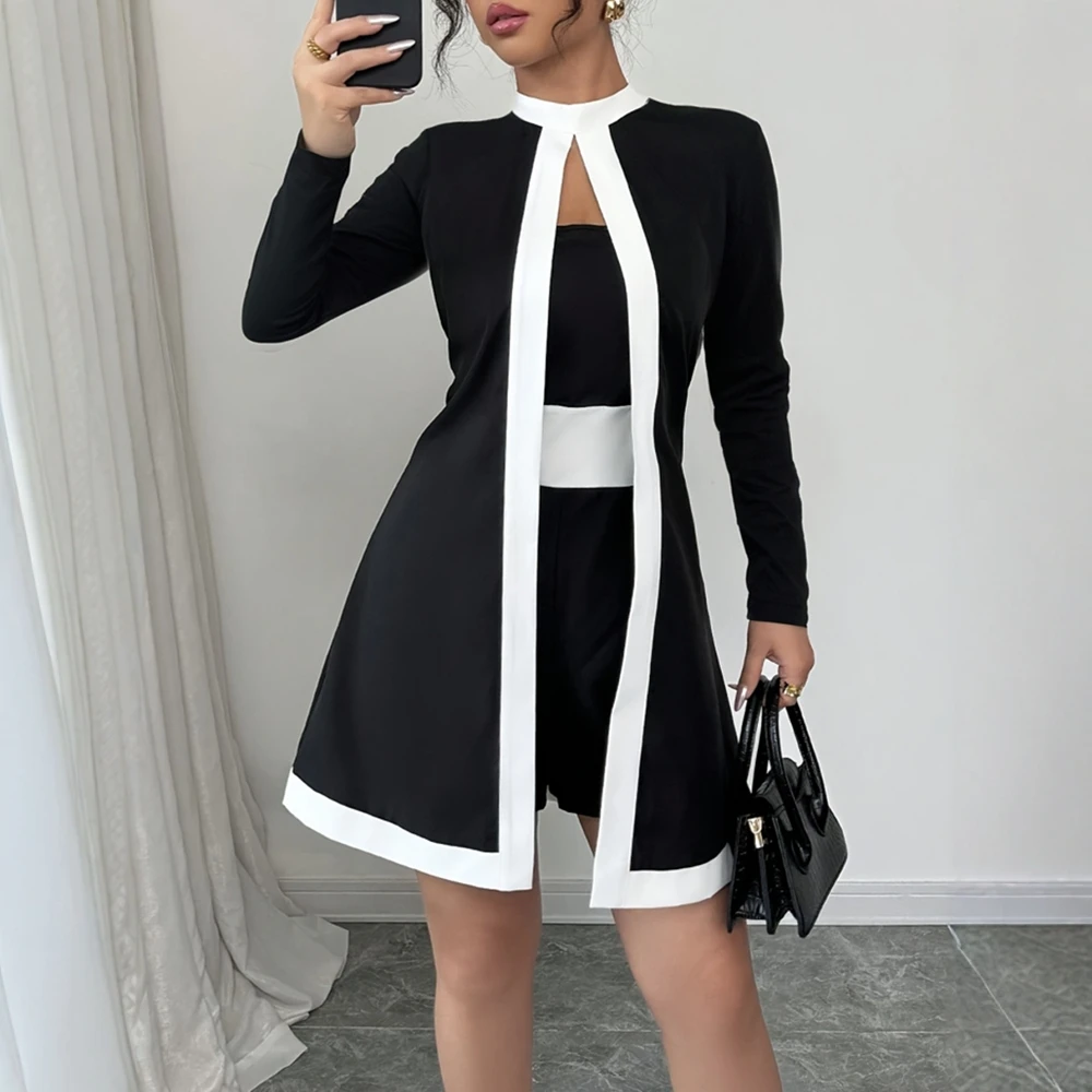 

Женские осенние модные комбинезоны контрастного цвета с длинным рукавом, короткие искусственные двухсекционные повседневные костюмы, современный стиль
