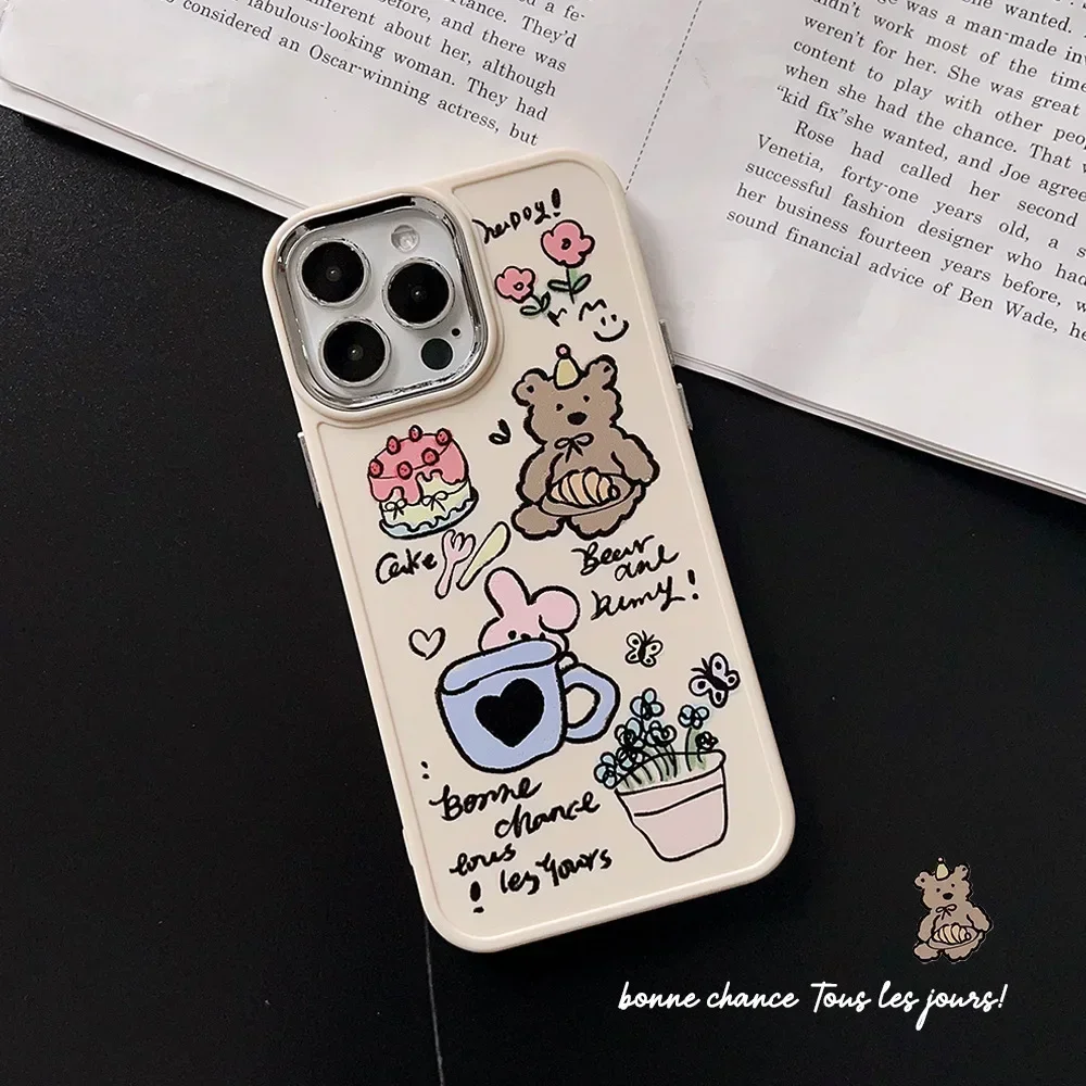 Retro Graffiti bear birthday illustration art Phone Case For iPhone 16 15 14 13 12 11 Pro Max Xr 16 Plus Case Cute Cartoon Cover