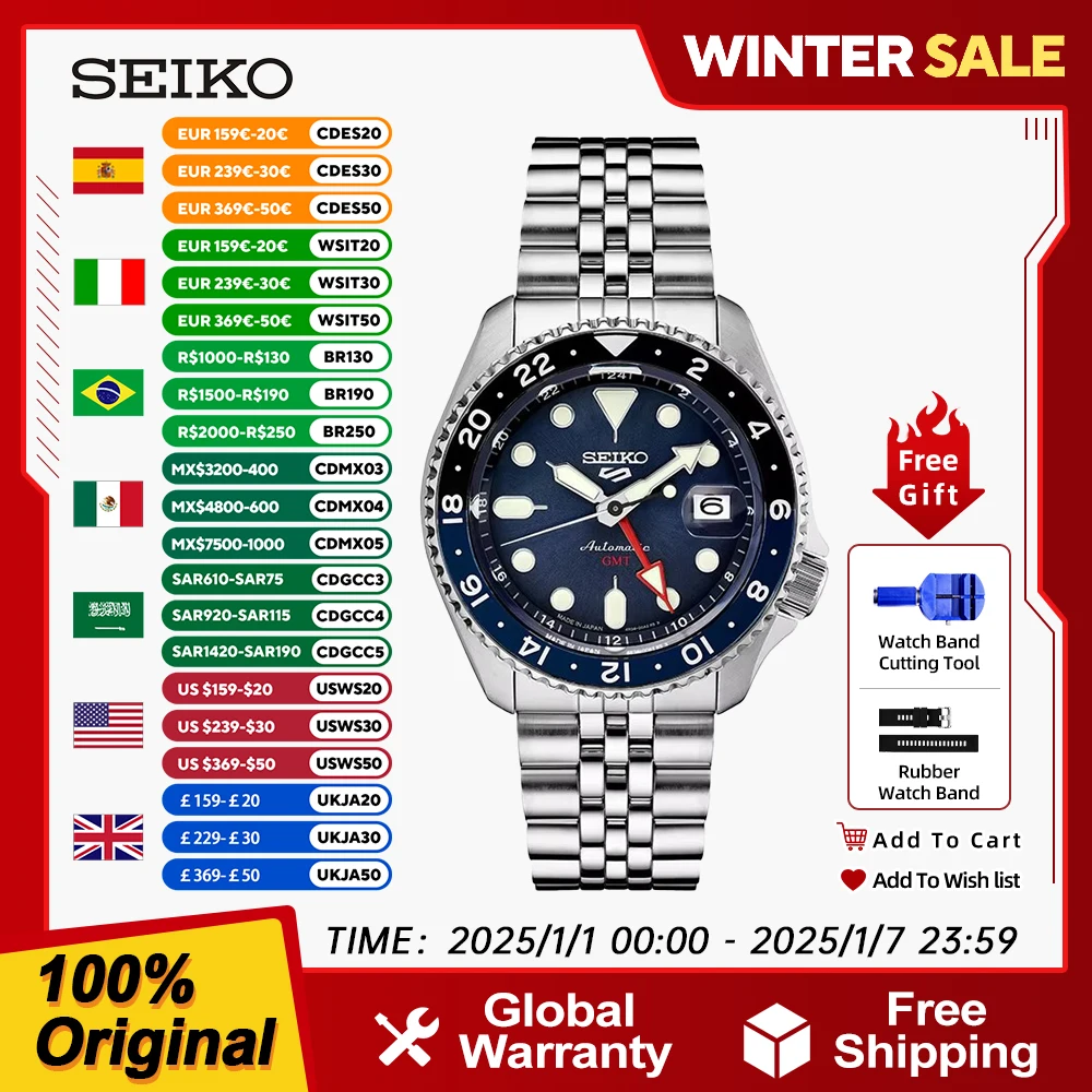 Original Seiko mechanical watch 10bar waterproof GMT Sports Wrist watch Luminou Reloj Hombre SSK003K1