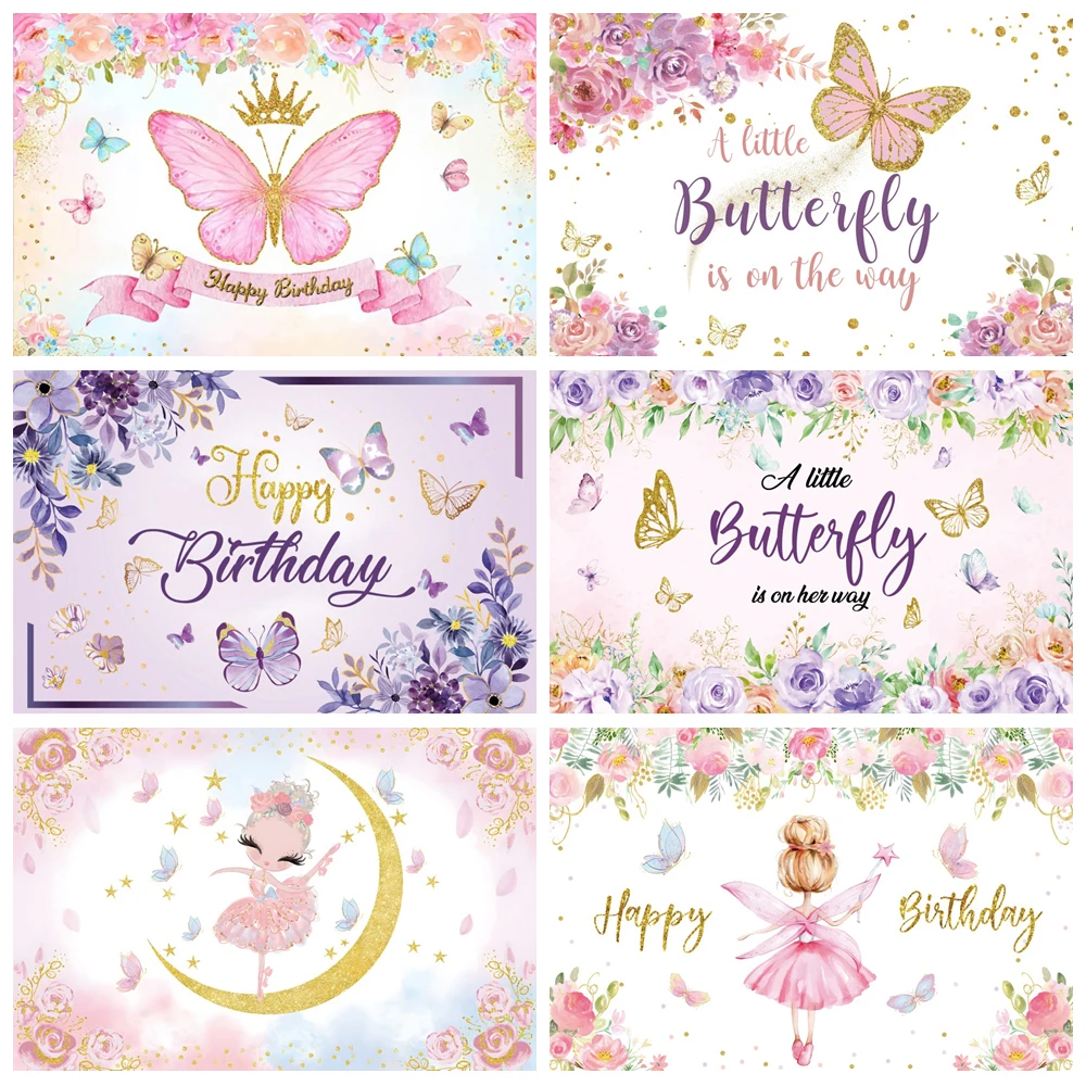

Butterfly Backdrop For Photography Flower Rainbow Castle Girls Princess 1st Birthday Newborn Baby Shower Photo Background Banner