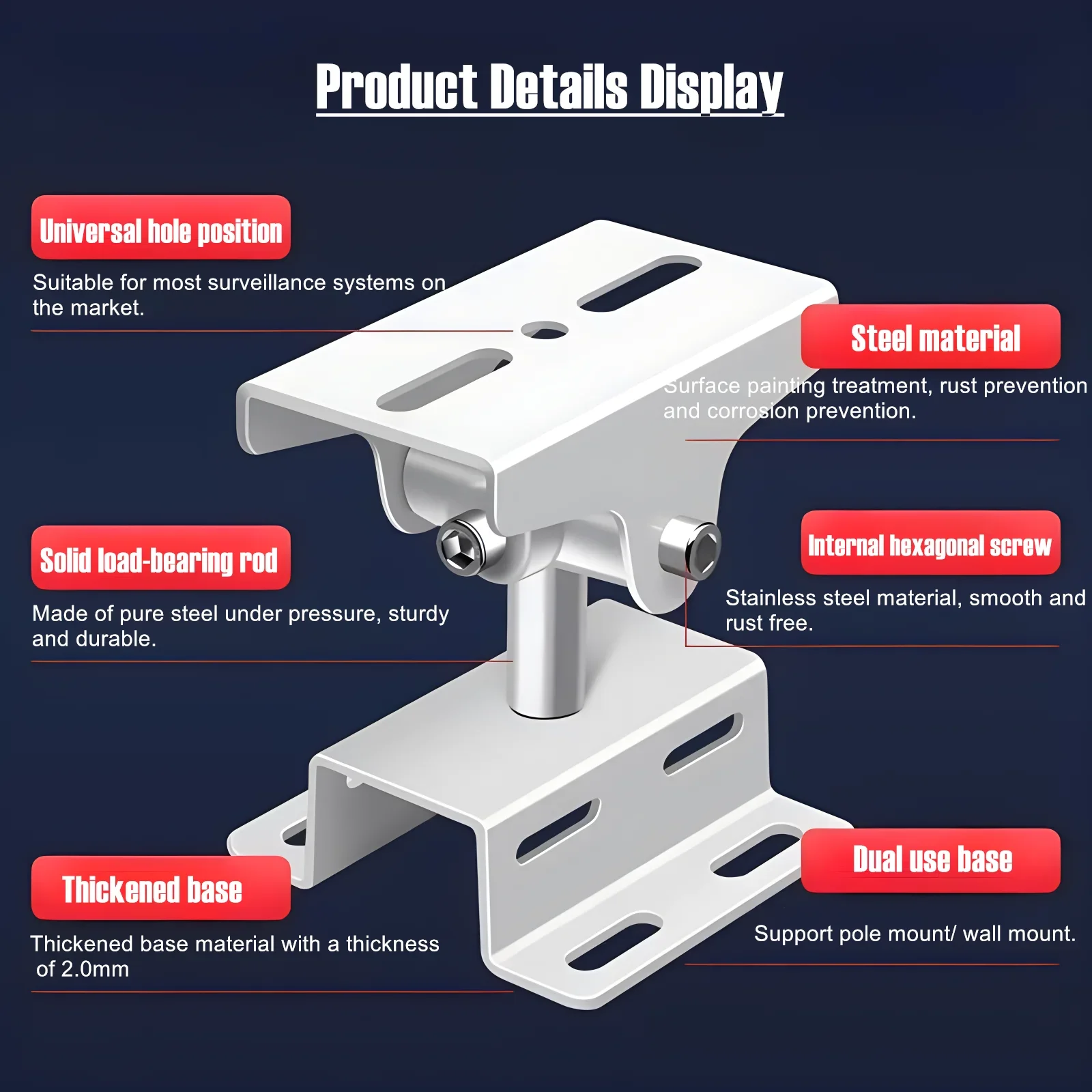 Aço branco Duckbill Universal Joint Bullet CCTV Camera Wall Mount Bracket, Pólo Horizontal Vertical Mount, Crossbar Clamp Bracket
