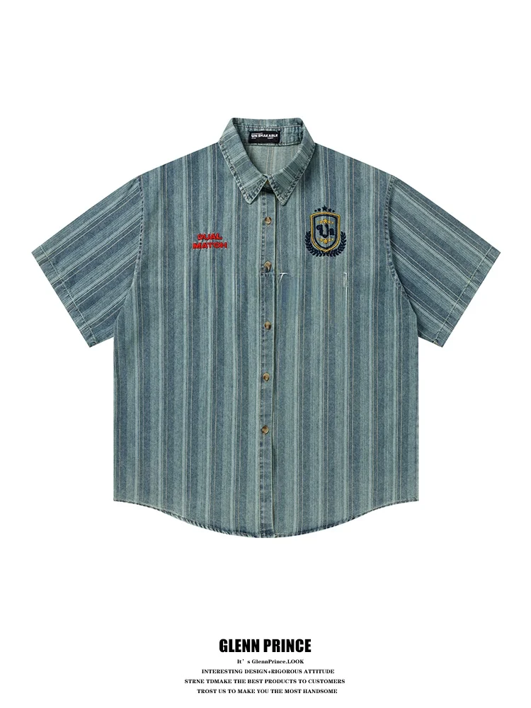 

GPstudio American Retro Embroidered Striped Denim irt Men Summer Trendy Brand Teenage ort Sve irt Loose Fit Cotton P...