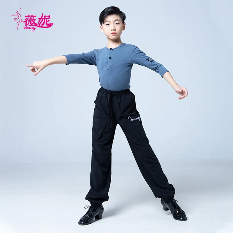 Vennystyle Latin Dance Dress Boys Custom Made Round Neck Long Sleeve Top for Ballroom Practice Training