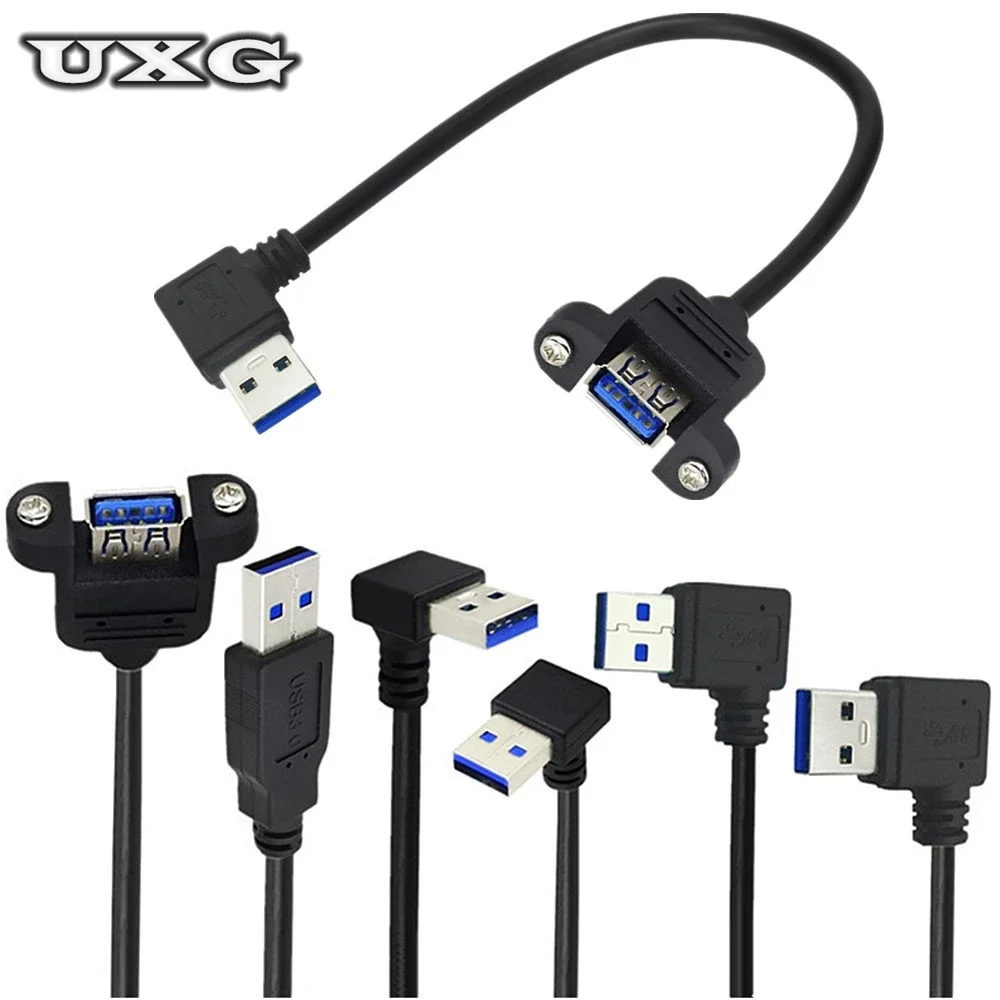 

90 Degree Elbow USB 3.0 Extension Extender Fast Transmission Cable Male To Female Dual Shielded With Screw Panel Mount 0.3m 0.6m