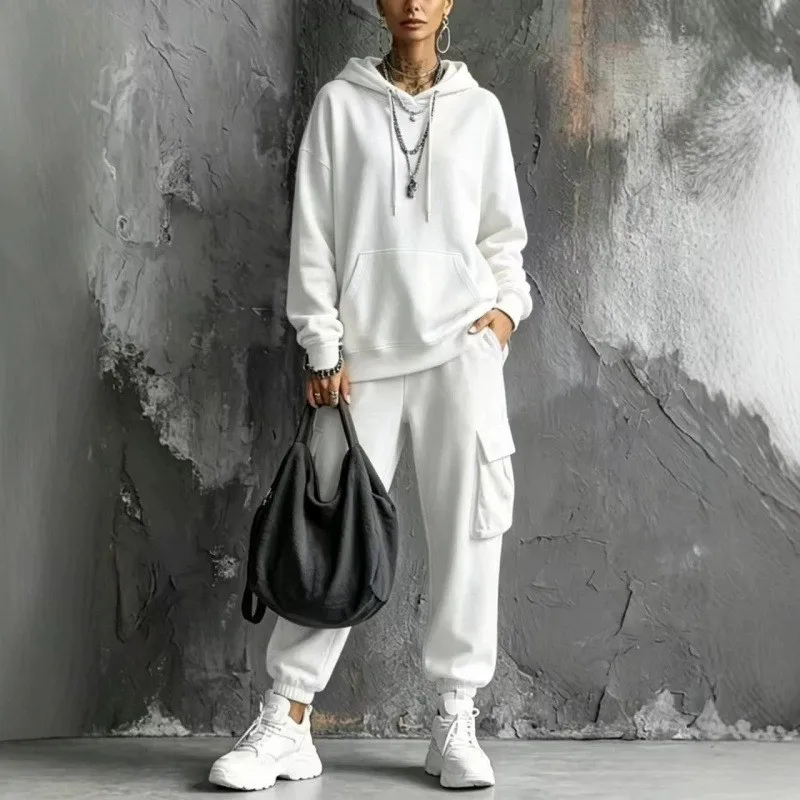 Women's Autumn Y2k Tracksuits Sweat Setup Two Piece Set Long Sleeve Hoodie with Pocket Knit Solid Color Full Length Pants