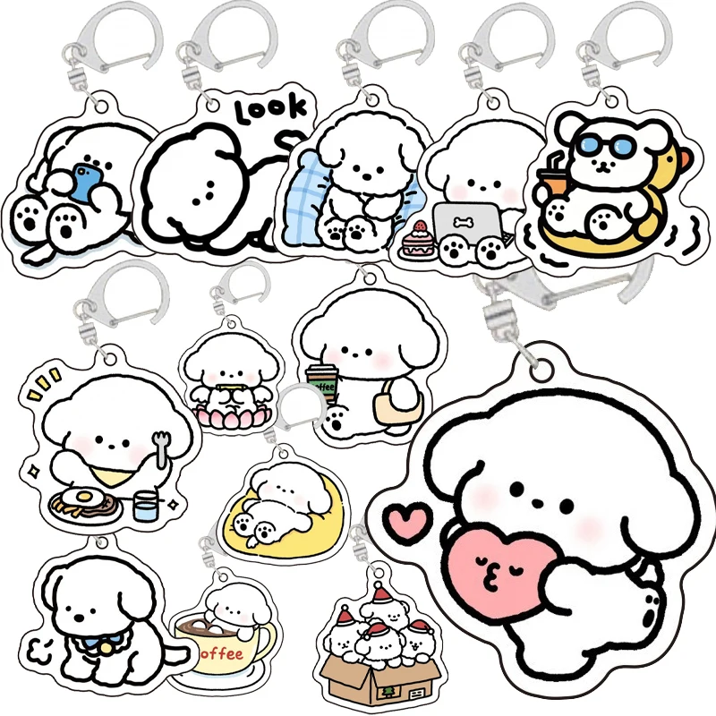 

Акриловый брелок с рисунком белого щенка из мультфильма, украшение в стиле аниме Kawaii, милые креативные аксессуары, сумка, брелок для ключей, ювелирные изделия, подарки для пары