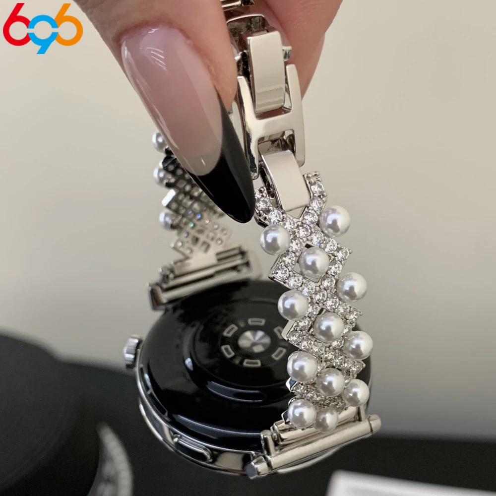 

Модный металлический ремешок для часов с жемчугом и цирконами для Huawei 18 мм, 20 мм, 22 мм, Fit3/4, Fit3pro, Fit4 Pro, 8, 9, 10, ремешок для часов с бриллиантами, женский ремешок для часов.