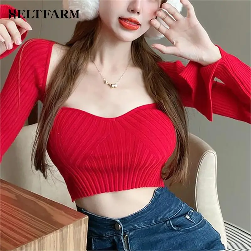 Autumn Winter Women Sexy Red Square Neck Long Sleeve Slim Short Knitted Sweater