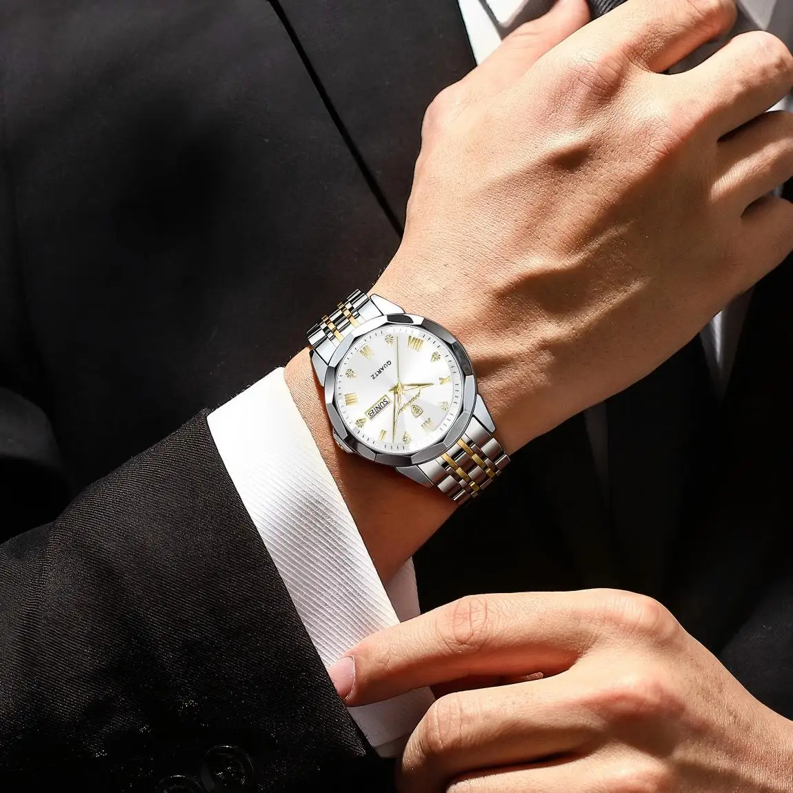 POEDAGAR ساعة رجالية أصلية فاخرة مقاومة للماء مضيئة للتاريخ أسبوع رجل الأعمال ساعة كوارتز من الفولاذ المقاوم للصدأ ساعات رجالية عصرية