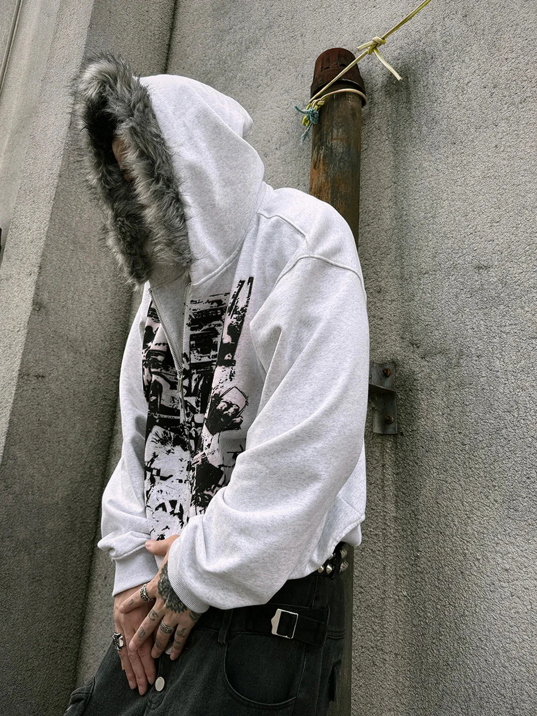 

INS new American retro street trend punk print fur collar hooded cardigan sweatshirt unisex Y2K