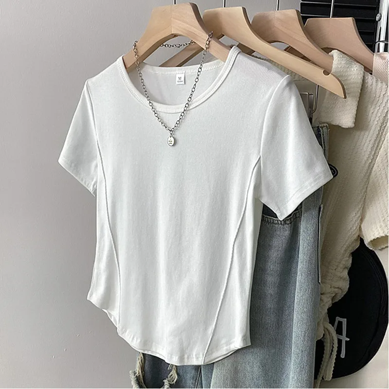 

Elastic pure cotton short sleeved T-shirt for women's summer short round neck slim fit solid color short sleeved top