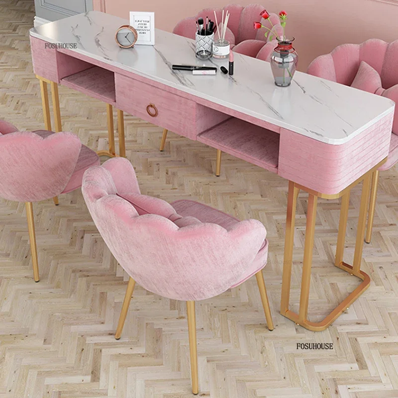 Luxury Marbling Nail Tables Creative Salon Furniture Beauty Salon Professional Table Economical Double Manicure Table Chair Set