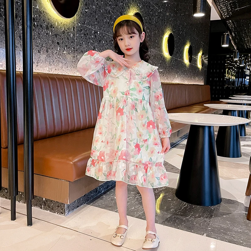 

Girls floral dress 2022 new summer long-sleeved skirt children's cheap luxury design cake skirt round neck spring and autumn