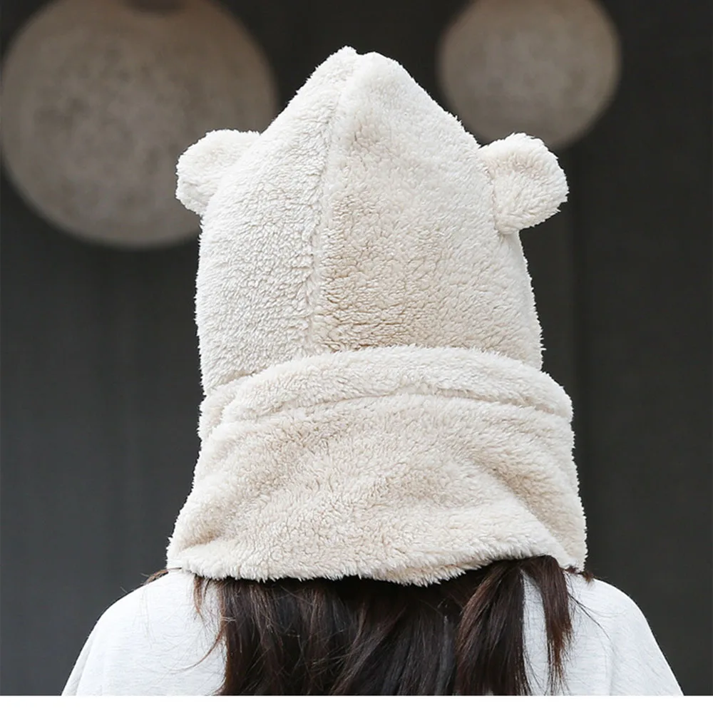 Girl\'s Warm Accessories Cute Bear Ears Warm Double Thick Autumn And Winter Women\'s Hat Scarf Gloves Three Sets In One