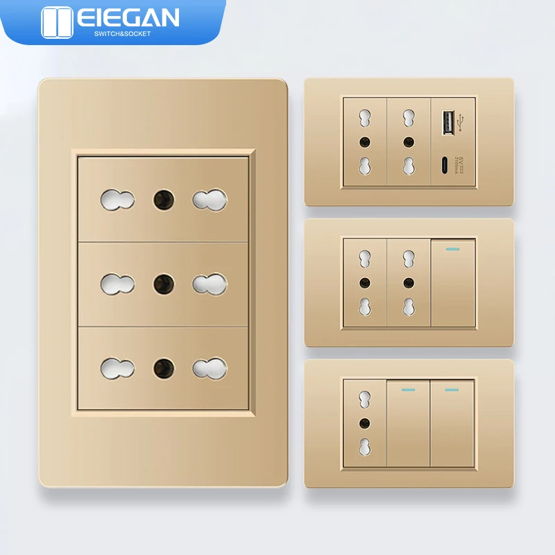 ELEGAN Gold Retardant PC Panel Italy Standard Type-C EU Outlet Plug Wall Socket Light Switch EU 1/2/3/4/5/6Gang Switch Home