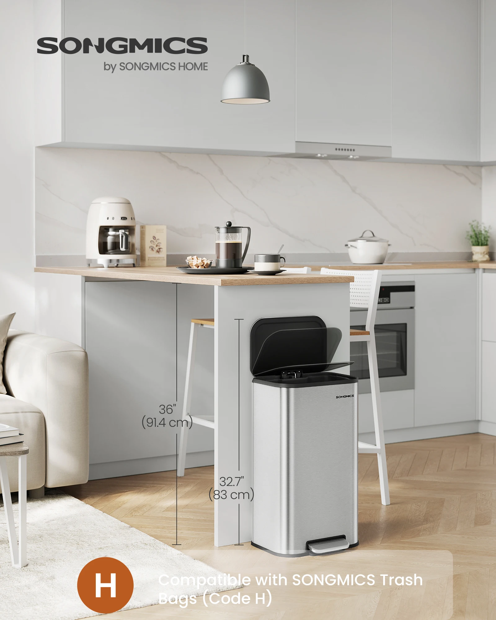 

SONGMICS Kitchen Trash Can, 8-Gallon (30 L) Garbage Can with Lid, Stainless Steel, Soft Close and Stays Open, Inner Bucket, Wide