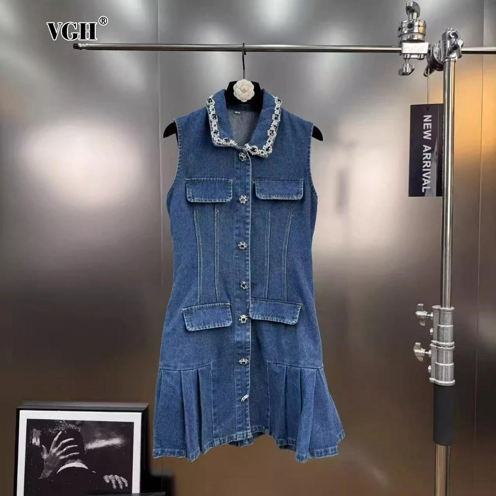 

VGH Blue Color Vintage Patchwork Denim Dresses for Women Lapel Sleeveless Spliced Single Breasted Chic Mini Dress Female Clothes