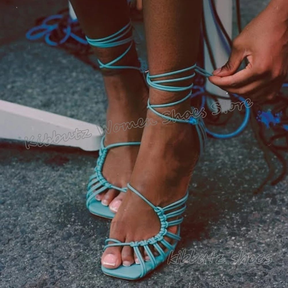

Rome Lace-Up Sandals Hollow Leather Solid Color Fashion Concise Sexy Elegant Luxury Women Shoes Square Toe Thin Heels Customize
