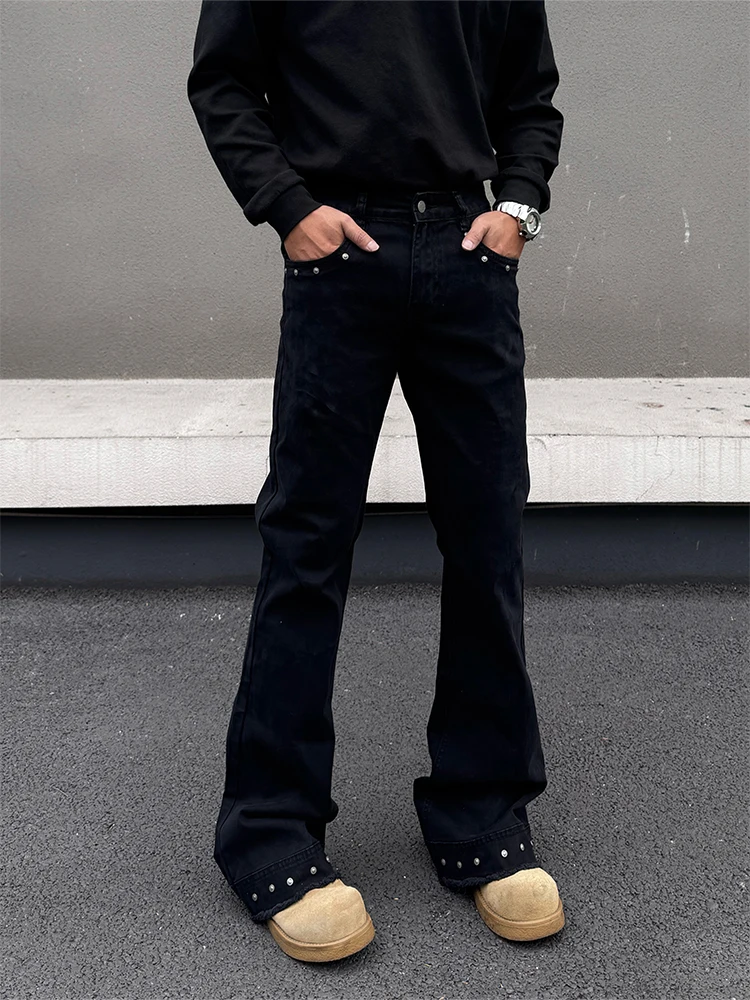 

Retro American Rivet Frayed Wide Leg Jeans Men Women Spring Autumn New Cleanfit Trendy High Street Slim Long Pants