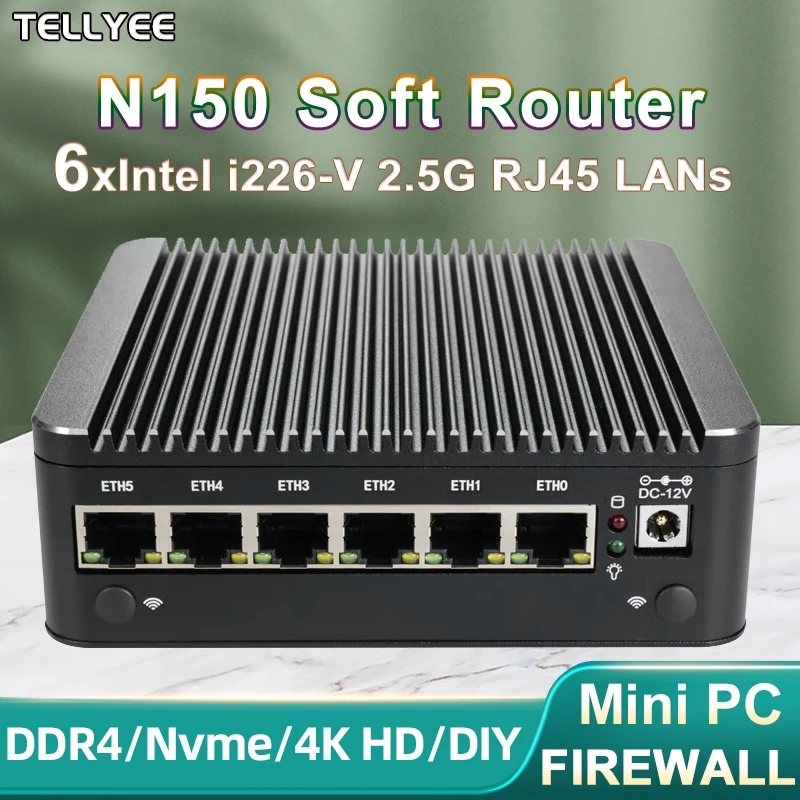 Intel N150 Soft Router 6 Lans i226-V 2.5G Fanless Mini PC COM HD DP USB Type-C pfSense Firewall Appliance OPNsense ESXi Computer