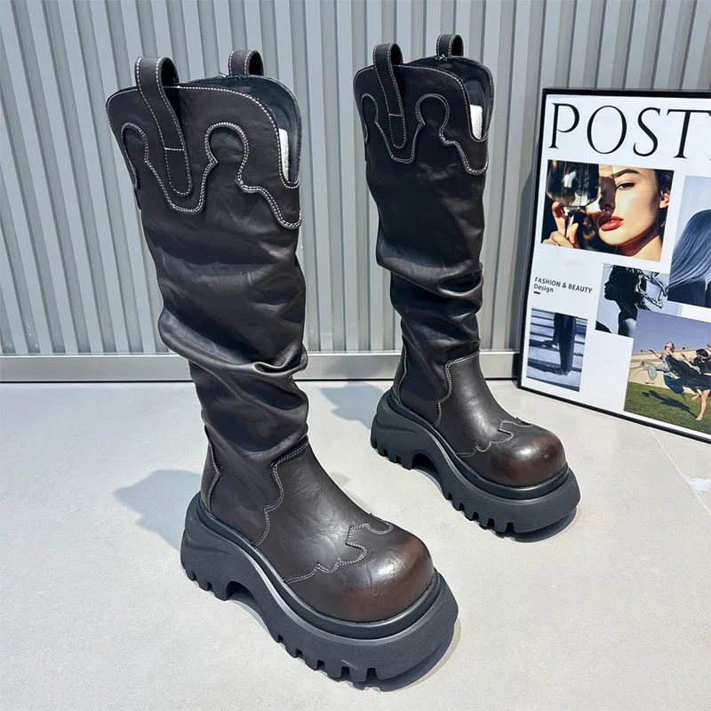

High Heels Women's Boots Platform Designer Knee High Shoes 2025 Winter Goth Chelsea Boots New Walking Long Leather Mujer Botas