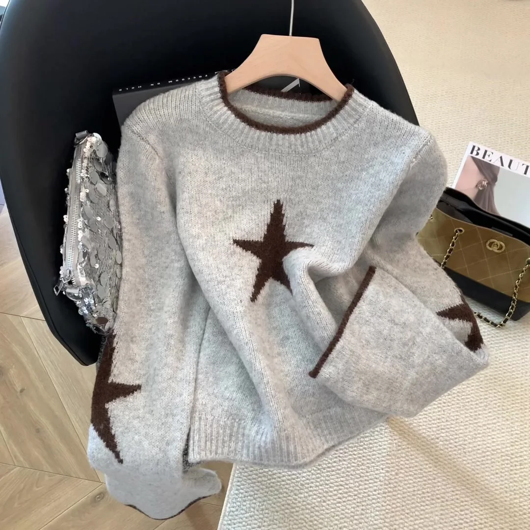 

Женский серый вязаный пуловер со звездами и круглым вырезом, свитер 2000-х годов, винтажный джемпер в корейском стиле, вязаный кашемировый свитер с длинными рукавами, осень-зима