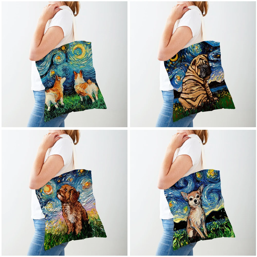 Van Gogh Starry Sky Dog Oil Painting Tote Handbag Fashion Animal Shopper Bag Both Sides Casual Canvas Cloth Women Shopping Bags