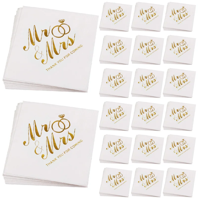 Serviette en papier jetable Mr Mrs, 100/20 pièces, pour réception nuptiale, anniversaire, fournitures de décoration de Table, Cocktail, Dessert