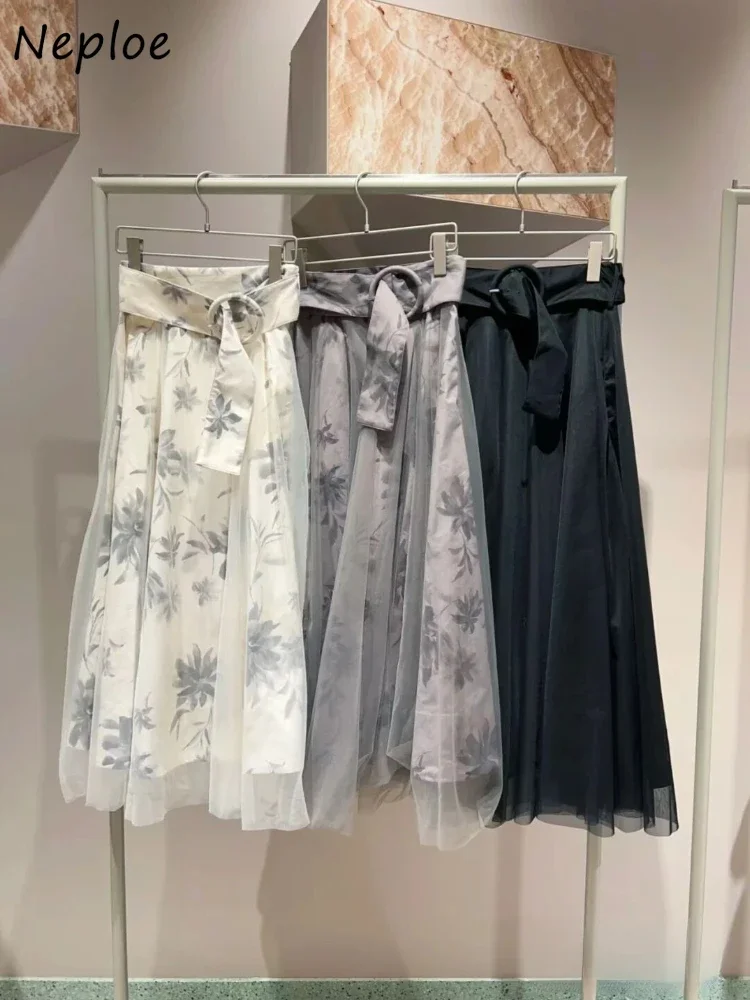 Neploe Moda Elegant Loose Big Swing Mujer Faldas Print Casual Voile Round Button Skirt Japan Belt High Waist Mid-length Faldas