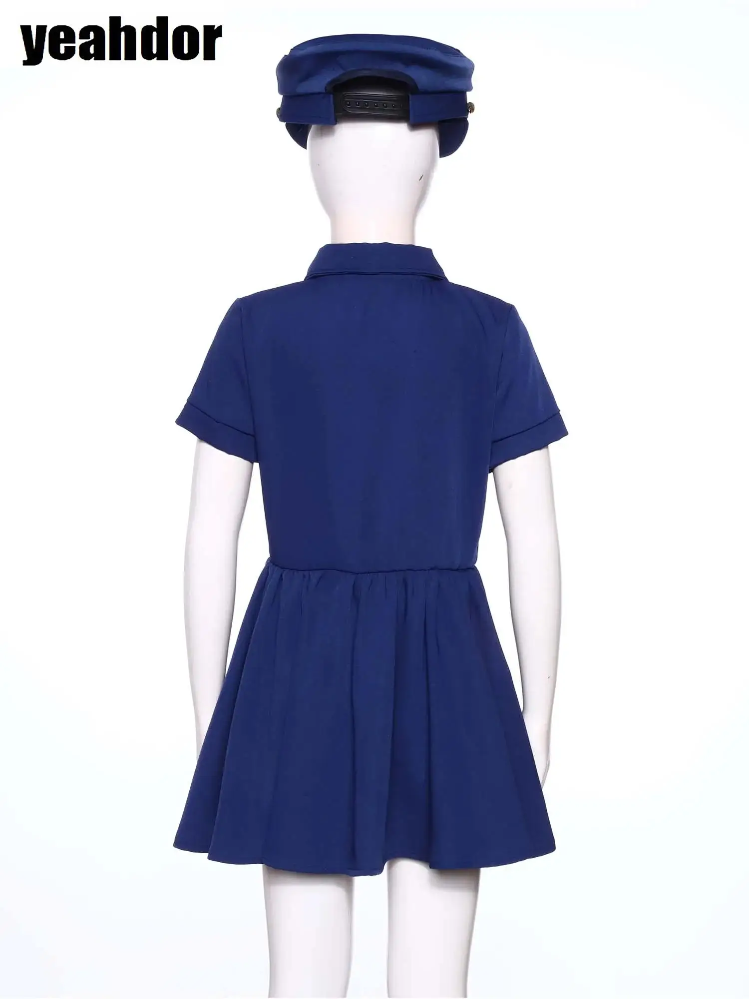

Girls Aviation Uniforms Captain Pilot Police Officer Dress Halloween Cosplay Police Costume Short Sleeve Pockets Dress with Hat