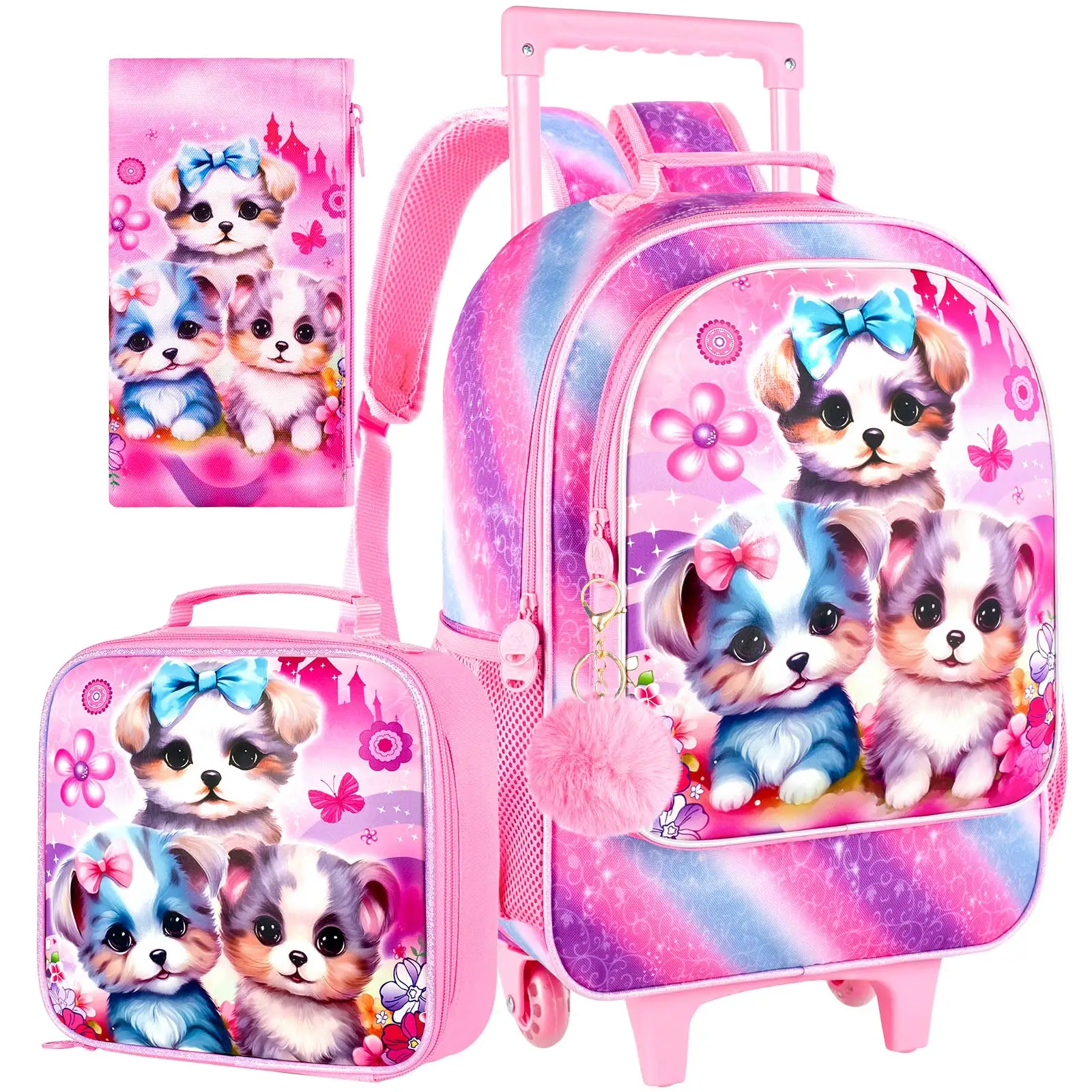 女の子用ローリングバックパック、かわいい犬柄ローラーホイール付きキッズブックバッグ-車輪付き小学生用バッグ-3個入り犬柄